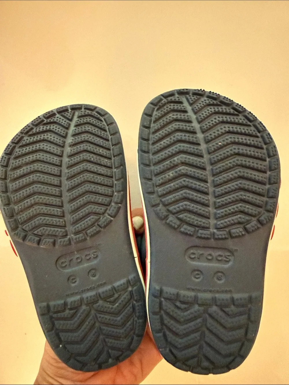 CROCS toddler Navy Blue Clogs with Red & White Trim